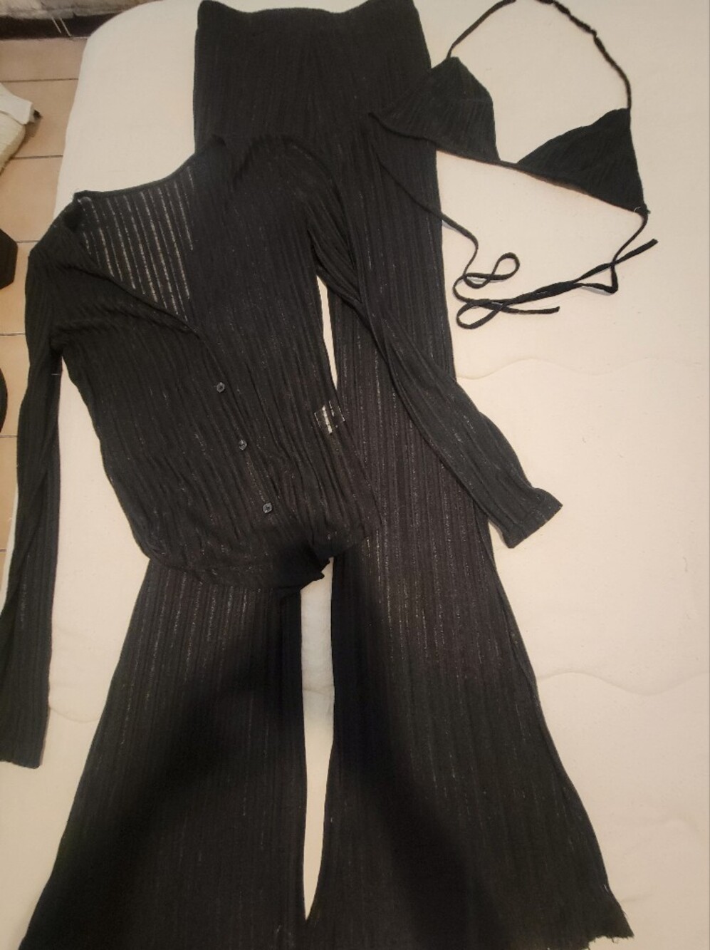 Black Ribbed Knit Wide-Leg Pants with Coordinating Cardigan and Bralette